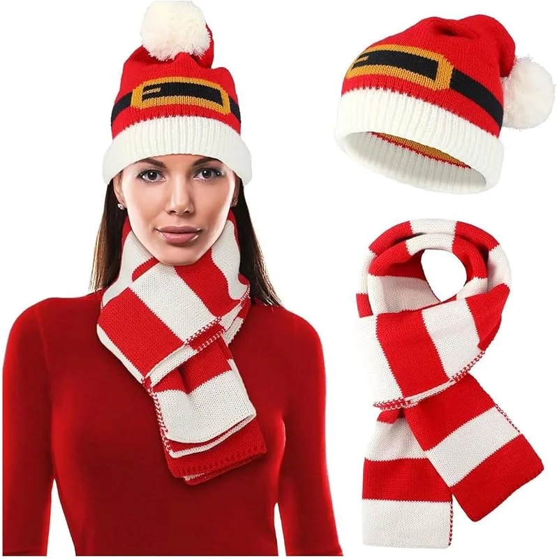 PINTUTU Set Gorro y Bufanda navideño Tejido de Punto Suave diseño de Santa Rojo y Blanco Dos Piezas para Adultos Fiestas Navidad Regalos Invierno — Ropa Navidad