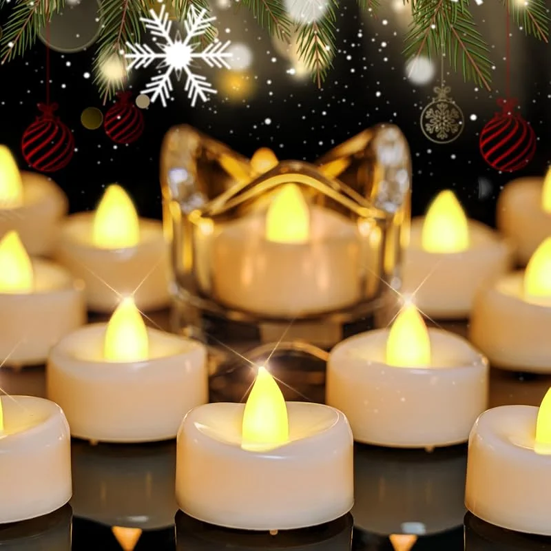 Merrynights Velas de té LED, paquete de 24 unidades, funciona con pilas, velas sin llama de larga duración de 200 horas, parpadeantes para Halloween y otoño, amarillo cálido, 1.5 pulgadas de — Cena a la luz de velas