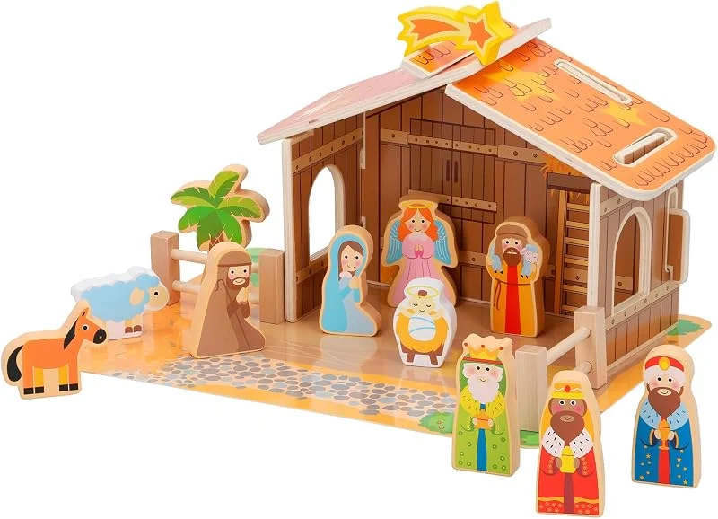 Visita la tienda de WOOMAX WOOMAX Portal de Belén de madera infantil, 20 piezas, Nacimiento Navidad, Pesebre, Reyes Magos, Para niños +3 años, Decoración navideña (46204) — Decoracion Navidad