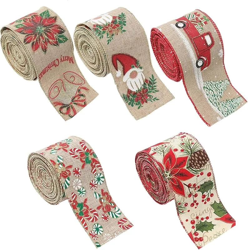 Lansls Cinta Navideña Con Borde Alambre, 5 Rollos Decorativa Para Regalos — Envoltorio regalo