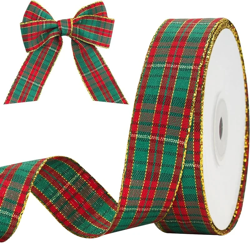 Visita la tienda de jijAcraft jijAcraft Cinta de Navidad de 25 mm de ancho, rojo y verde, cinta decorativa de Navidad, cinta a cuadros con borde dorado, cinta de regalo de 22 m para manualidades navideñas, paquetes de regalo y — Envoltorio regalo