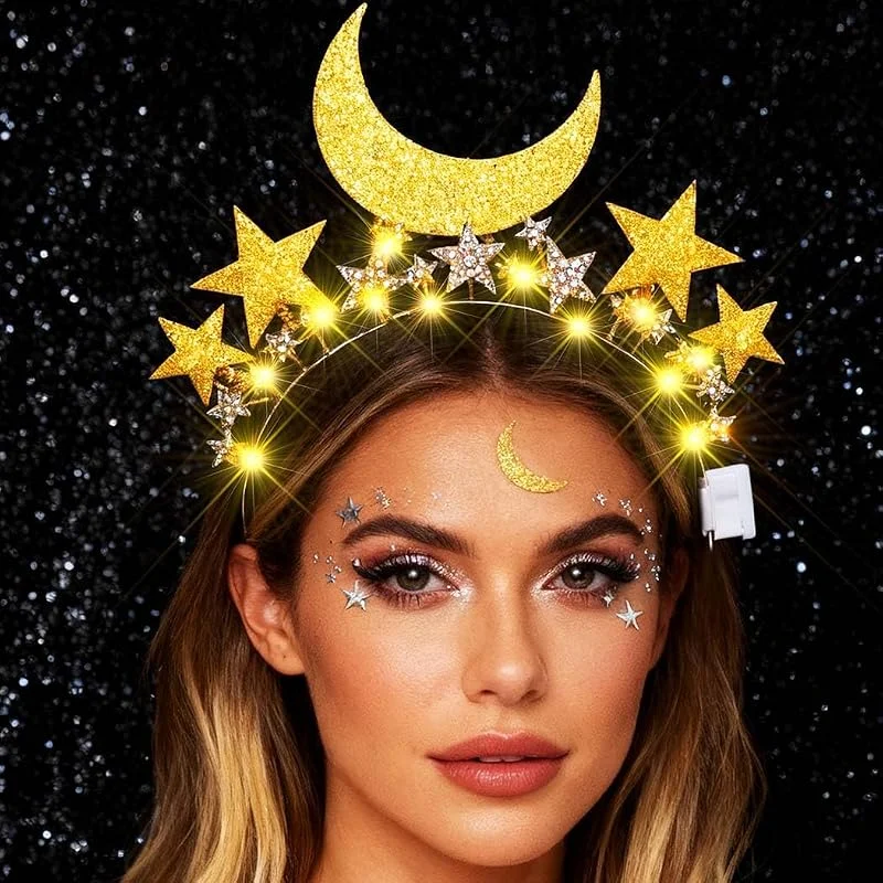 Reaky Diadema de estrella iluminada con luces LED, color dorado y luna, diadema brillante, accesorios para el cabello para mujer — Ropa Navidad