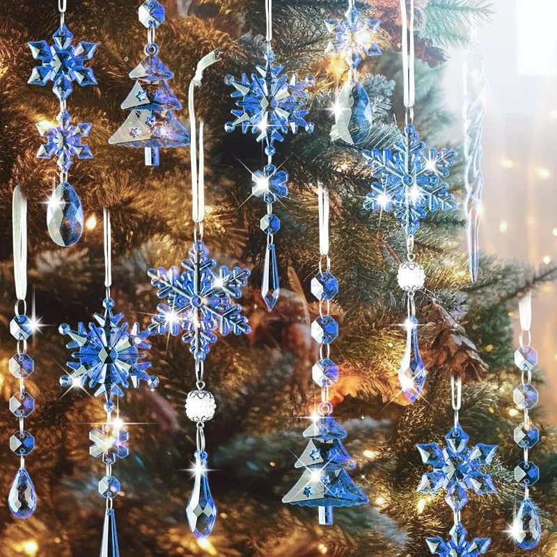 Lanpn 26 Piezas Decoración Navideña Adornos del Árbol de Navidad de Cristal, Colgante Acrílico de Copo de Nieve de Carámbanos para Navidad Invierno Exterior Interior Fiesta Decoración Azul — Decoracion Navidad