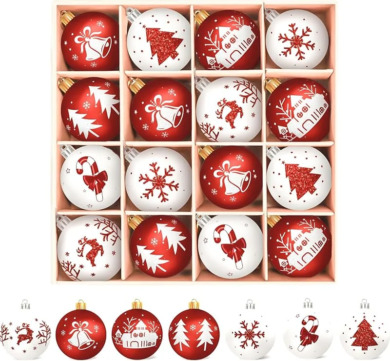 Arbolisse Bolas Arbol de Navidad Blancas y Rojas Adornos Arbol Navidad, 16 PCS Bolas de Navidad, Decoracion Arbol'Navidad, Bolas plástico de 6 cm con Gancho, 7 Tipos de Modelos — Decoracion Navidad