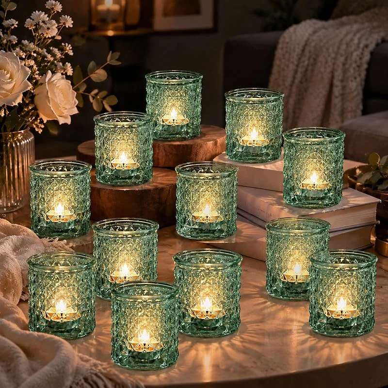 LUPATDY 12 portavelas de cristal para velas de té, portavelas votivas, portavelas de cristal, portavelas de cristal, vasos para velas de novia, mesa de boda, decoración del hogar, color verde — Cena a la luz de velas