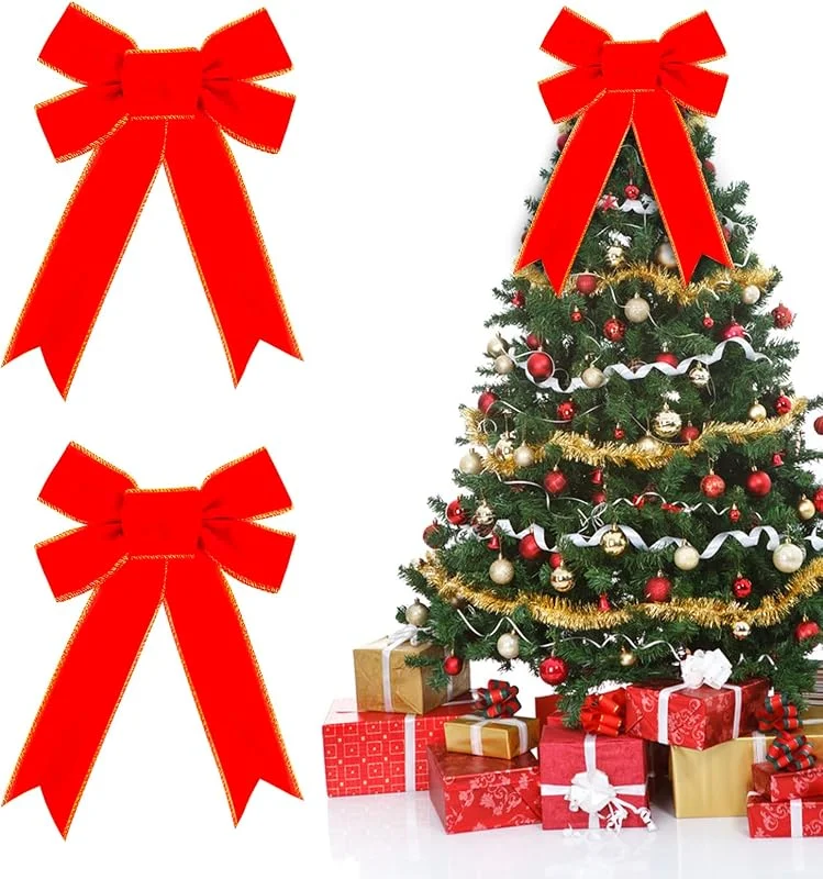 ZoneYan 2 Piezas Lazos de Navidad Grande, ZoneYan Lazos Terciopelo de Navidad Rojos, Lazo Rojo Arbol de Navidad, Lazos Corona de Navidad, Lazo Regalo Grandes para Manualidades Decoración (Rojo-Oro) — Envoltorio regalo