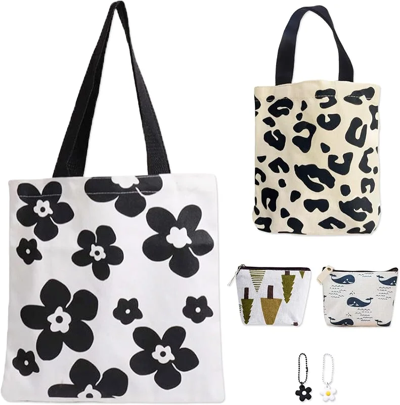 YiiHHooN Bolsa de Tela Estampada, 2 Piezas de Bolsa de Lona con 2 Monederos Pequeños y 2 Llaveros, 2 Estilos Tote Bag Aesthetic de Lona Ligera para Mujer y Uso Diario — Envoltorio regalo