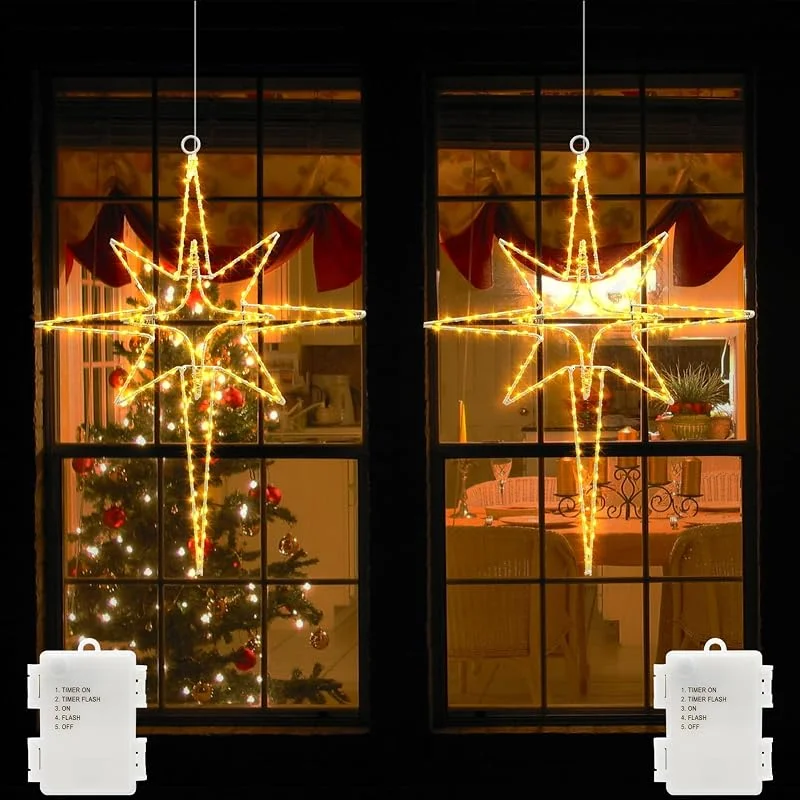 echosari Bethlehem - Juego de 2 luces LED para ventana con pilas, 120 ledes, decoración navideña con temporizador, metal, diseño de estrella de Navidad, decoración para interior y exterior, blanco — Decoracion Navidad