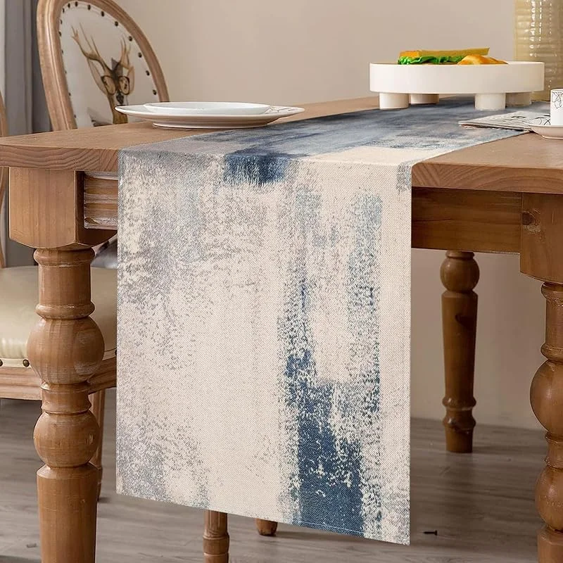 Velvhom Camino de Mesa Moderno Salón Caminos Mesa Otoño Gris y Azul Camino de Mesa Manteles Lino Estilo Rural Arte Retro para Cocina, Fiesta, Comedor, Jardín, Boda, Banquete, Navidad 40 x 140 cm — Hogar y cocina