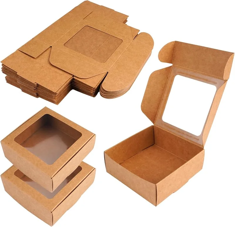 EXIN DEHCEN 24 Piezas Caja Kraft con Ventana 9.5x9.5x3.5 cm, Cajas Pequeñas de Carton — Envoltorio regalo