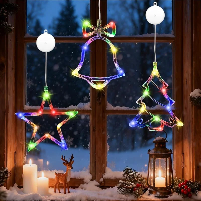 IWTBNOA Luces de Ventana de Navidad, 3 unidades, árbol de Estrellas, Campana, Luces LED de Colores, Decoración Navideña con Ventosas, Cadena de luces Interiores Exterior para Balcón — Decoracion Navidad