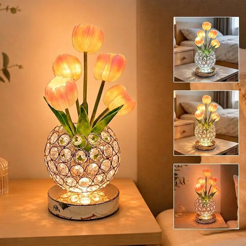 PHOEWON Lámpara de Mesa LED con Tulipanes de Cristal, 3 Colores — Cena a la luz de velas