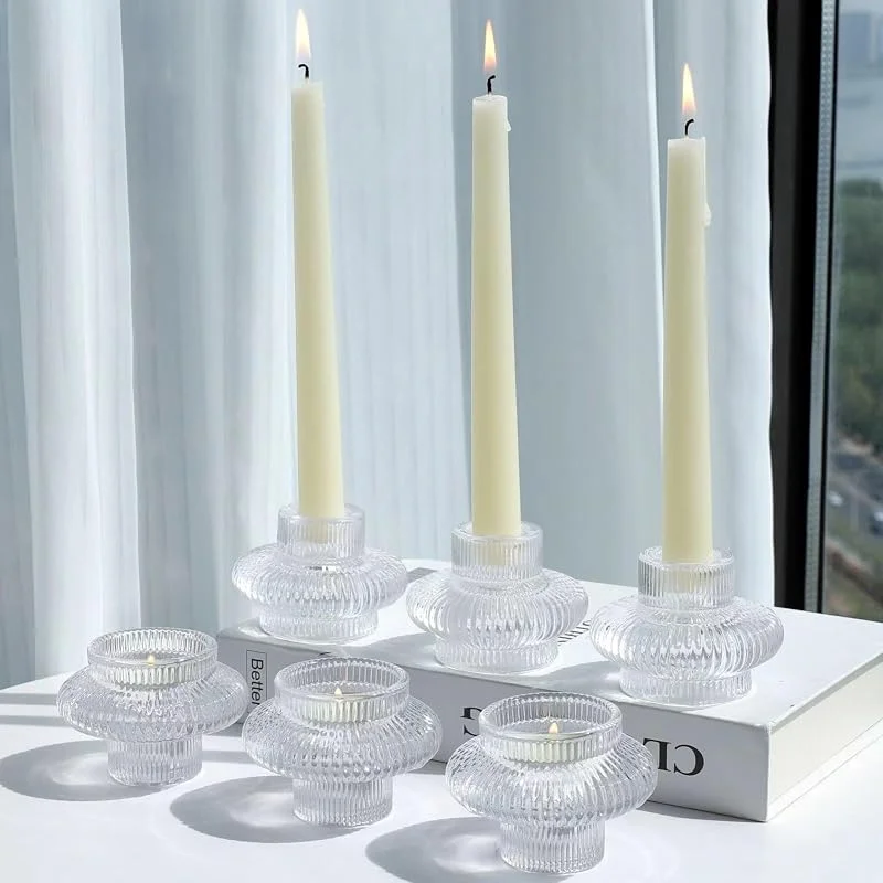 Vohocandle Juego de 6 candelabros de cristal transparente para decoración de mesa y boda.. — Cena a la luz de velas