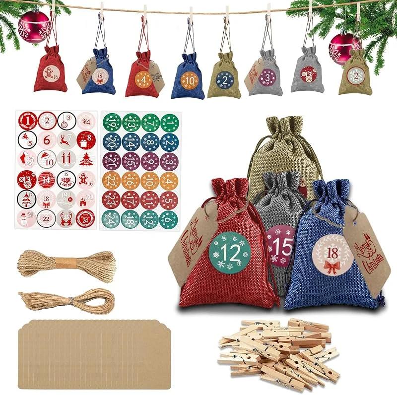 TAIHOBO Bolsas Calendario Adviento para Rellenar, Calendario de Adviento para Rellenar, 24 Calendario Adviento Bolsas Reutilizable, Bolsas Calendario de Adviento DIY, para Decorar Árboles de Navidad — Adviento y mesa