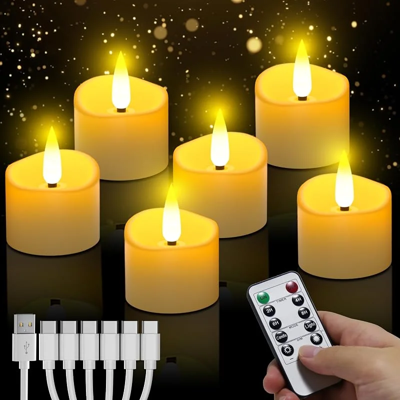 daphomeu Velas LED recargables con mando a distancia 6 piezas, velas de té sin llama con función de temporizador automático, velas a pilas para bodas, fiestas, Halloween, Navidad, decoración del hogar — Luces Navidad