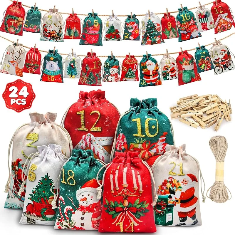 EOPUOZS Calendario de Adviento para Rellenar, 24 Calendarios Navideños para Rellenar, Calendario de Adviento Infantil 2026 con Cordel y 24 Clips, Bolsas de Tela DIY para Calendario Navideño (2 Tamaños — Adviento y mesa