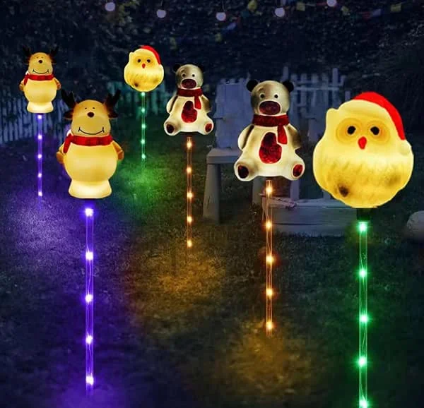 YZYOE 6 paquete led al aire libre solar tierra insertado luces decorativas de Navidad, impermeable patio solar Santa Claus lindo oso y ciervo lámpara decorativa, con 8 modos de luz color. — Luces Navidad