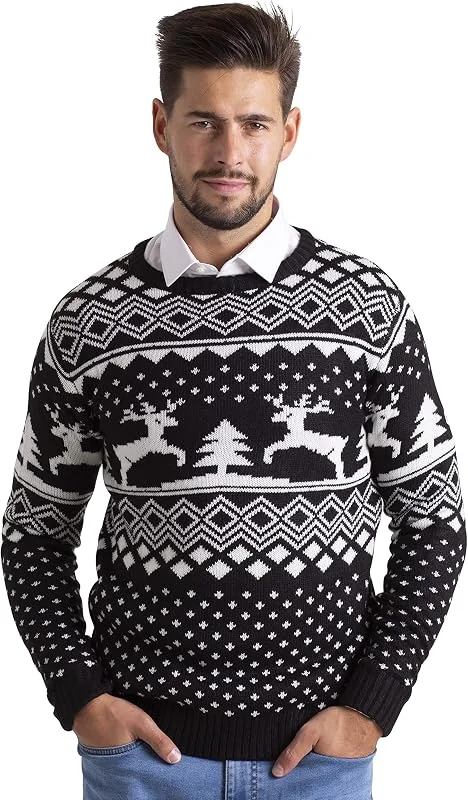 BlauerHafen Suéter de punto de Navidad para hombre, diseño de reno, cuello redondo, manga larga, tallas S-XXL — Ropa Navidad