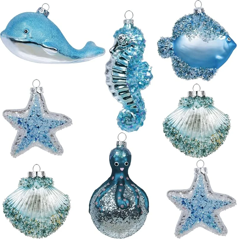 Visita la tienda de Valery Madelyn Valery Madelyn Juego de adornos de cristal para playa de verano, 8 quilates, azul claro y plateado, decoración de árbol de Navidad en julio, océano costero, náutico, marino, Navidad, bolas colgantes a — Decoracion Navidad