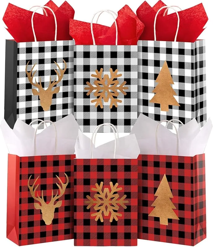 Whaline 24 bolsas de regalo de Navidad con papel de seda rojo y negro búfalo a cuadros Kraft bolsa de papel de copo de nieve, reno, dulces bolsas reutilizables para regalos de fiesta, 6 diseños — Envoltorio regalo