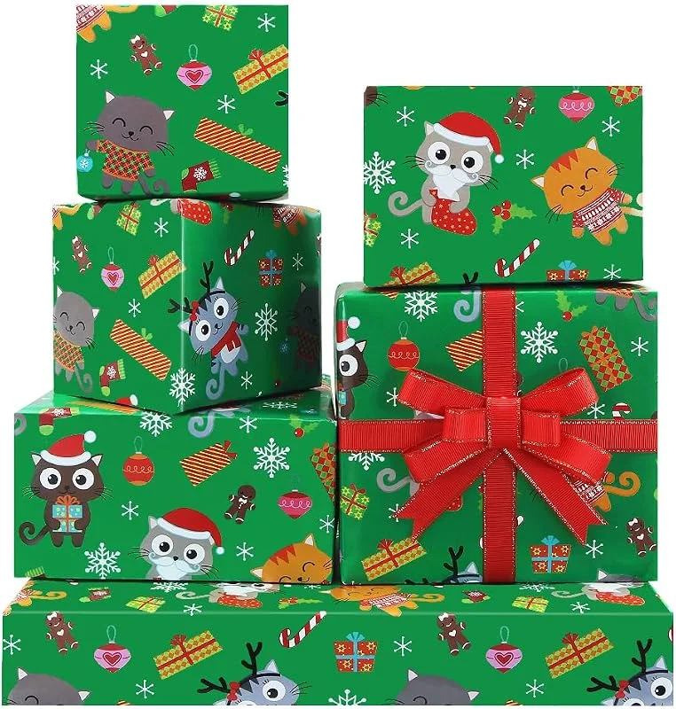 Kelamayi Papel de regalo de Navidad, 4 hojas de papel de regalo de Navidad plegado con diseño de dibujos animados de gato lindo con cintas, 20 x 28 pulgadas, papel de regalo de Navidad reciclable de alta — Envoltorio regalo