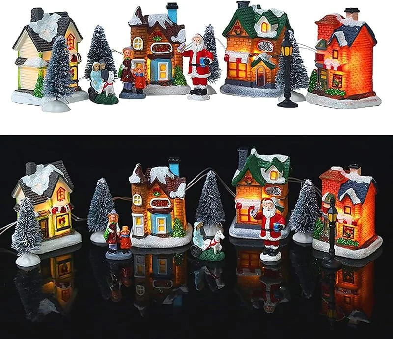 Mrisata Juego de Pueblo de Navidad de Resina, Escena navideña, Pueblo con iluminación LED, Casas en Miniatura para Regalo (A) — Decoracion Navidad
