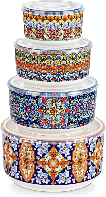 Visita la tienda de vancasso vancasso Juego de 4 Cuencos con Tapas de Porcelana - 300ml, 600ml, 1080ml, 1800ml - Para Pasta, Ensaladas, Sopa y Almacenamiento, Apto para Microondas, Horno y Lavavajillas - Estilo Bohemio — Hogar y cocina