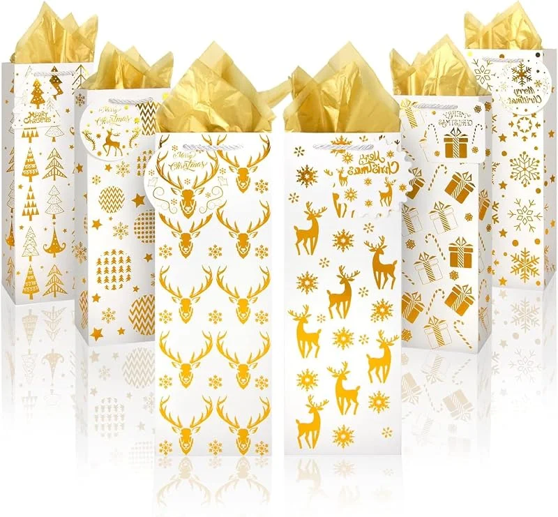 LATERN 12 Piezas Bolsas de Botellas de Vino Navideñas, 12CM x 10CM x 35CM Bolsas para Botellas de Vino de Lámina Dorada con Papel de Seda, Etiquetas y Manija para Navidad Regalo Envase (6 Estilos) — Envoltorio regalo