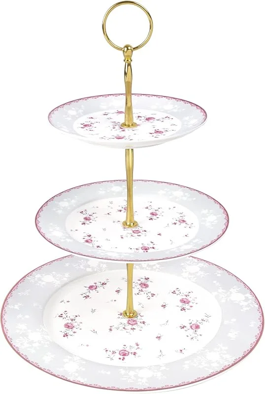 Visita la tienda de fanquare fanquare Bandeja de Porcelana para Tartas de 3 Pisos, Soporte de Frutas Redondo Rosa Floral, Bandeja de Postre para Bodas, Cumpleaños y Fiestas de Té — Adviento y mesa