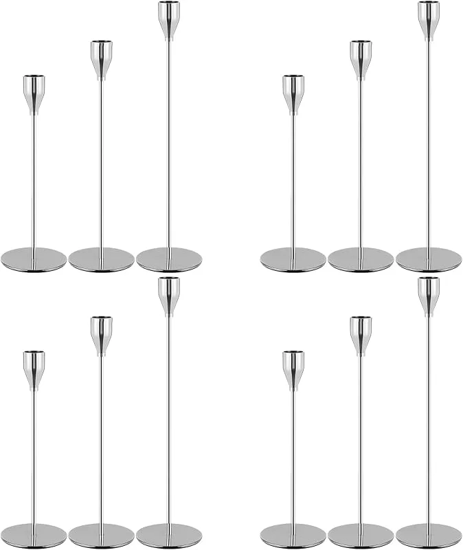 YMHPRIDE Juego de 12 candelabros Plateados para Velas cónicas, candelabros Vintage, se Adapta a Velas de 3, 4 Pulgadas de Grosor, decoración del hogar, Boda, Cena a la luz de Las Velas, Aniversario — Cena a la luz de velas