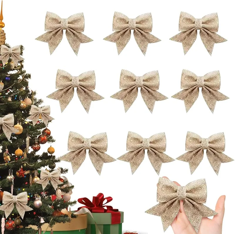TELAOBAN 10 Piezas Decoracion de Arbol Navidad Lazos, Lazo de Cinta de Árbol de Navidad, Lazos para Árbol de Navidad Dorados, Adornos Colgantes lazos Navideños, para días Festivos, Cumpleaños, Bodas — Envoltorio regalo