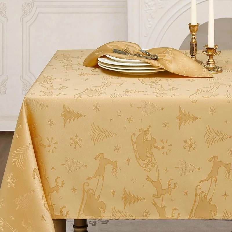 Romanstile Mantel navideño 140 x 240 cm, dorado, lavable, diseño navideño — Hogar y cocina