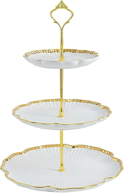 DEARBAG Bandejas para Tartas Cerámica Soporte para Frutas de 2 Niveles, Soporte de Torta Simple Platos de Postre, Bases para Cupcakes Galletas Caramelos, Bandeja de Servir para Navidad Boda Fiesta (3 Gold) — Hogar y cocina