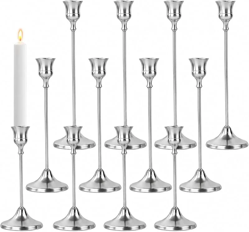 FANTU 12 Pcs Candelabros Plateado 16, 19, 22CM Vintage Cónicas Portavelas de Metal — Cena a la luz de velas