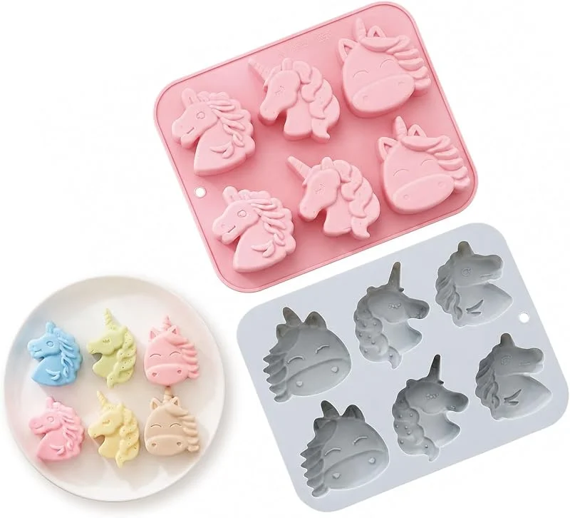Xecamuvila 2 Piezas Moldes de Silicona Unicornio – Set de 6 Moldes para Chocolate en Rosa y Gris, Molde DIY para Pasteles, Jabón y Cubitos de Hielo — Hogar y cocina