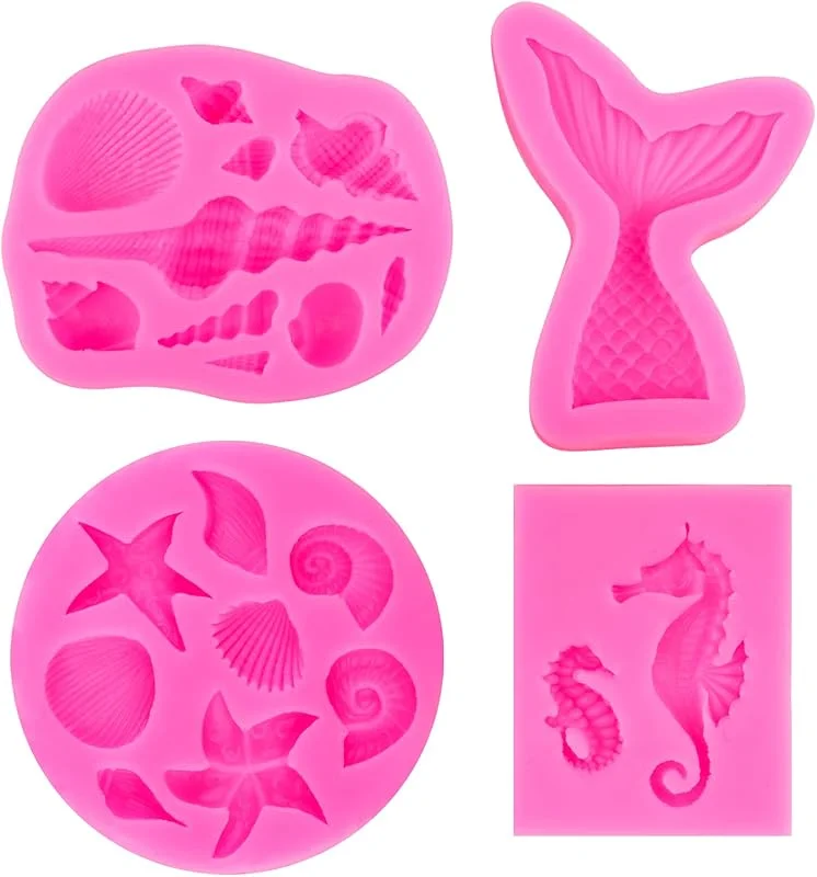 LUCKNIGHT 4 Moldes de Silicona para Fondant, Moldes de Cola de Sirena, Marina Animales 3D Moldes Fondant Decorativo para Modelado Azúcar, Pastel Borde Decoración, Adorno Pasteles, Manualidades Proyectos — Hogar y cocina