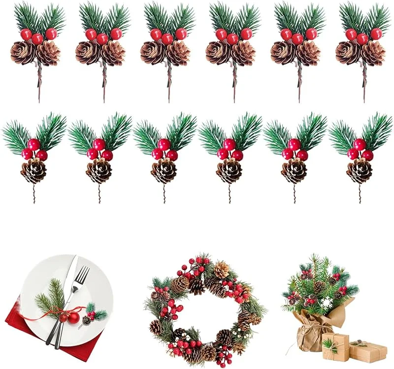 Dyiouxin 12 Piezas Acebo Artificial, Ramas de Abeto Artificiales con Bayas y piñas, Ramas de Bayas, Decoración navideña — Decoracion Navidad