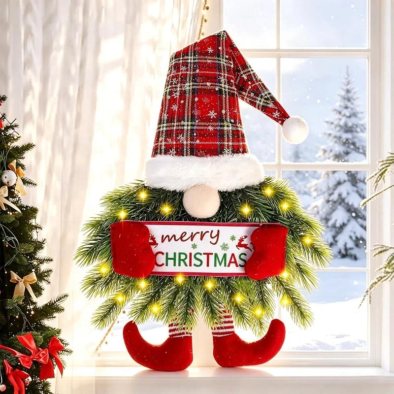 Eyezeeption Decoración navideña para exterior, corona de Navidad para puerta de casa, duende de Navidad con LED, corona de puerta iluminada, decoración navideña interior, corona de puerta de Navidad, decoración — Decoracion Navidad