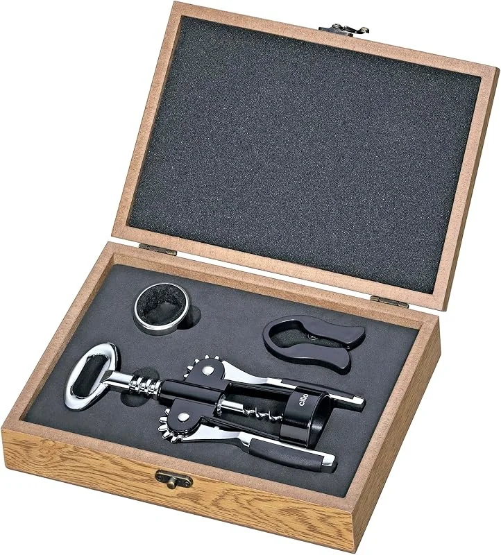 Cilio TOSCANA - Set de vino (3 piezas, sacacorchos de alas, recogegotas, cortador de láminas, caja de madera, set de regalo) — Vino y mesa festiva