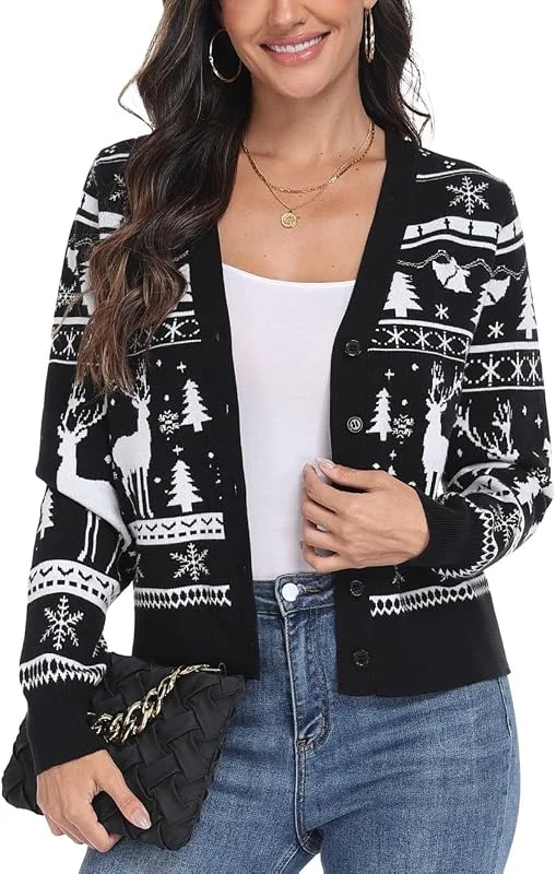 Visita la tienda de PrinStory PrinStory Cárdigan Mujer Frente Abierto Punto Manga Larga Casual Jersey Con Botones Mujer Manga Larga Jersey de Punto Cardigan — Ropa Navidad