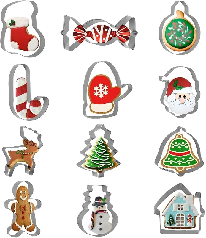 QarulG 12PCS Moldes Galletas Navidad Cortadores de Galletas Navideñas Cookie Cutters Acero Inoxidable Muñeco Nieve Reno Copo Nieve Cortador Muchos Papá Noel Otros Elementos Navidad Elementos DIY Decoraciones — Hogar y cocina