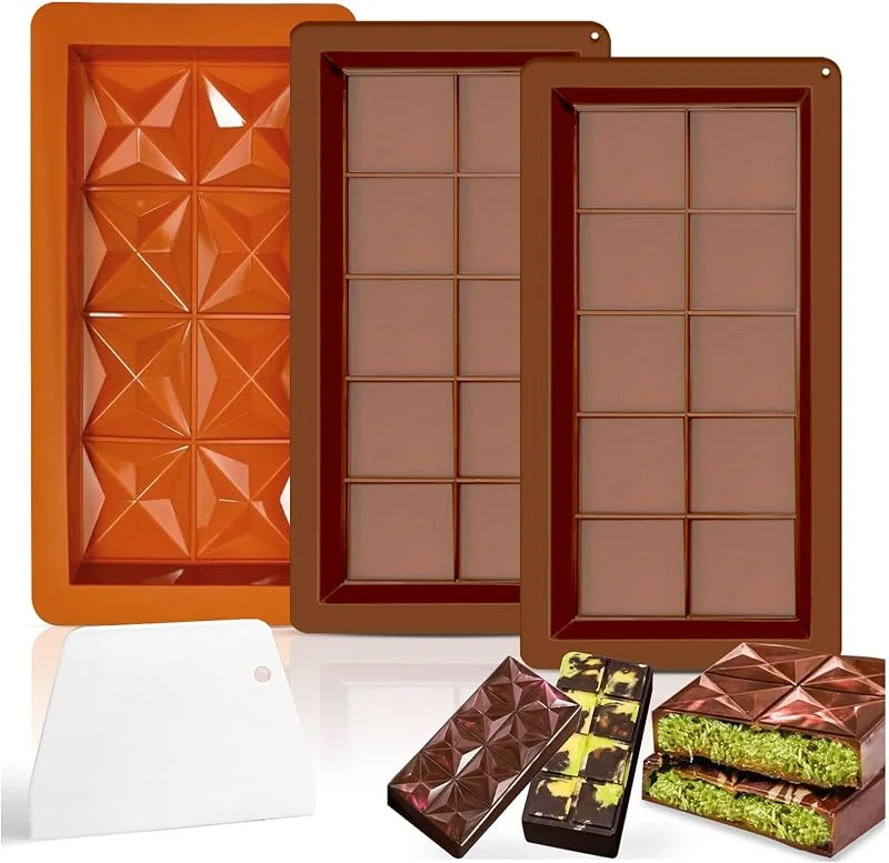 Audasi 3Pcs Silicona Moldes De Chocolate Antiadherentes Reutilizables DIY Grandes En Forma De Diamante Y Cuadrado Con Rascador De Banco — Hogar y cocina