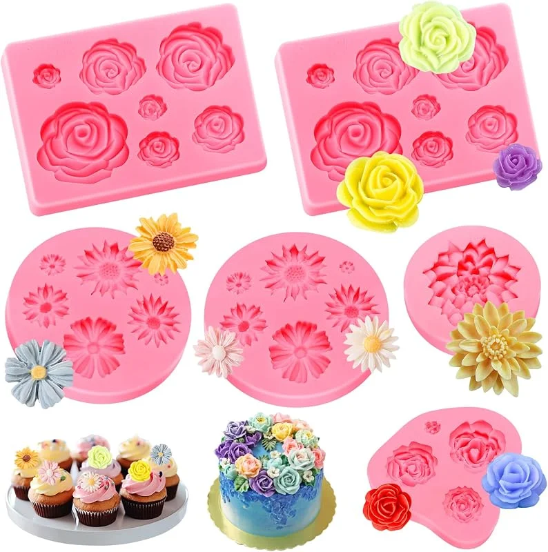 Kisvic Moldes de silicona con forma de flor 3D, 6 unidades, forma de rosa para fondant, moldes de silicona para decorar tartas, chocolates, dulces hechos a mano — Hogar y cocina