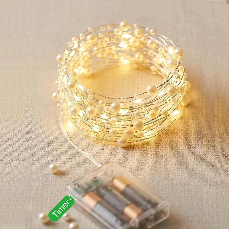 Afaiup Guirnalda de Luces con Perlas 4m 40 LED - Lucas de Perlas Blancas con Temporizador, a Pilas, Blanco Cálido, Decoración para Dormitorio, Bodas, Navidad, Fiestas & Eventos — Luces Navidad