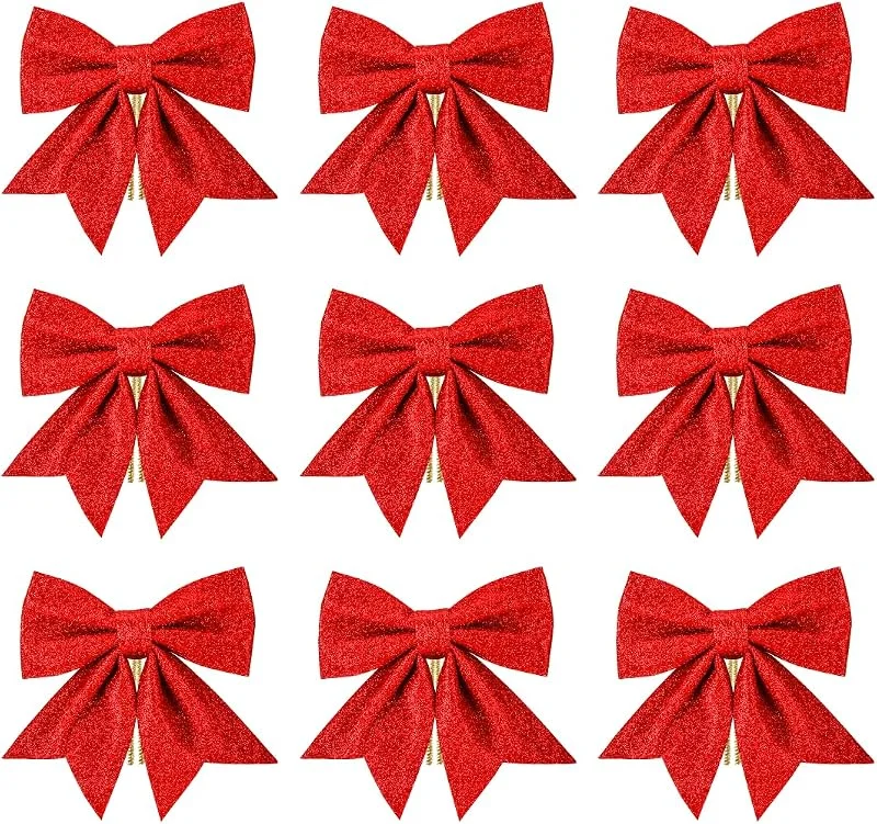 Sprinlot Lazos de Navidad Rojos, 9 Lazos Arbol Navidad Rojo, 15 & 12 cm Lazos Navideños, Lazos Navideños Purpurina, Adornos Navideños Decoración Regalos — Envoltorio regalo