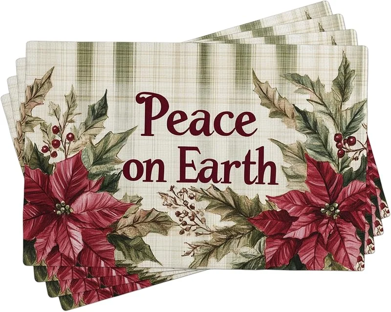 Generic Juego de 4 manteles individuales de Pascua de Navidad, manteles individuales florales rojos para cenas festivas de invierno, lavables, para interiores y exteriores, vajilla decorativa de Navidad de 18 — Hogar y cocina