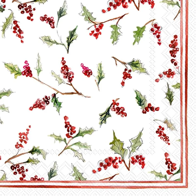 ihr SINCE 1977 IHR Ideal Home Range Servilletas de cóctel desechables de 3 capas de papel, paquete de servilletas de fiesta, 5 x 5 pulgadas, bayas Ilex de Navidad, 20 unidades — Adviento y mesa