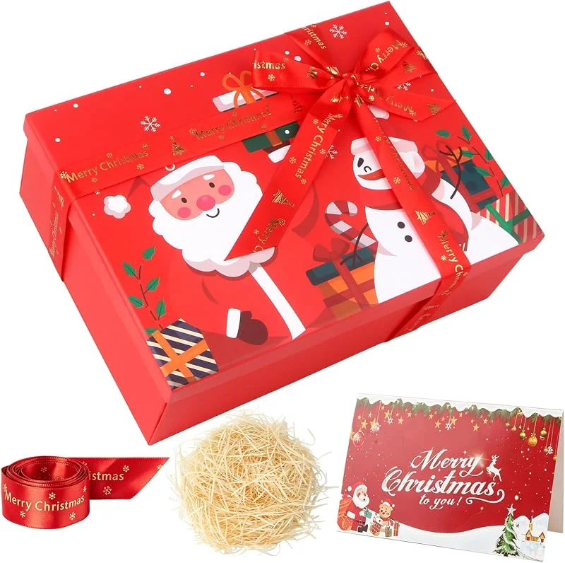MOSTFUN Cajas de Regalo Navidad con Tapa, Tarjeta, Cinta, Rafia, 29 x 22 x 10cm — Envoltorio regalo