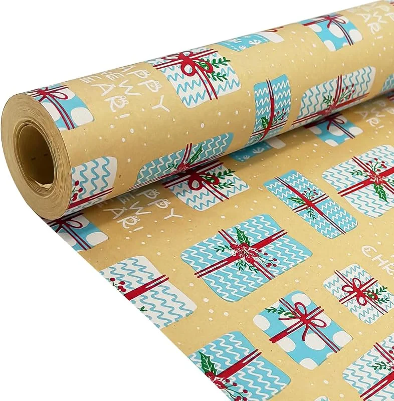 DOJoykey Rollo de papel de regalo para Navidad: papel de regalo Kraft de 43 cm x 15 m, papel navideño con diseño festivo azul para envolver regalos — Envoltorio regalo