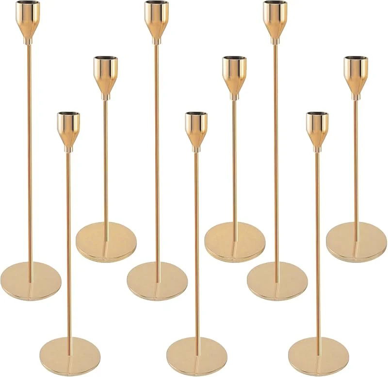 Dazhtu 9 pcs Candelabros de Metal, Estilo Retro Comedor Candelabro, Dorado Candelabro Cónico Candelabros, Decorativos para Navidad Halloween Acción Gracias Bodas Fiestas Decoración, 33, 28, 23 cm (Oro) — Cena a la luz de velas